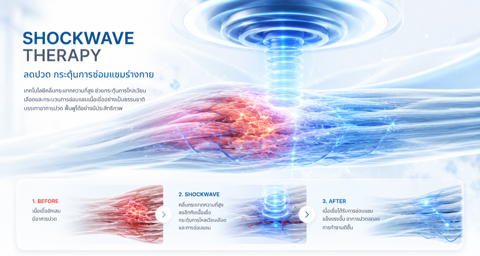 คลื่นพลังงานกระแทกกำลังกระตุ้นการซ่อมแซมเนื้อเยื่อ Shockwave Therapy คลื่นพลังงานกระแทกกำลังกระตุ้นการซ่อมแซมเนื้อเยื่อ
